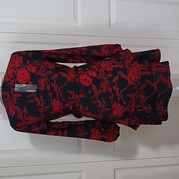 UGUEST Red & Black V-Neck Floral Faux Wrap Tie Dress - Size S - Picture 3 of 8